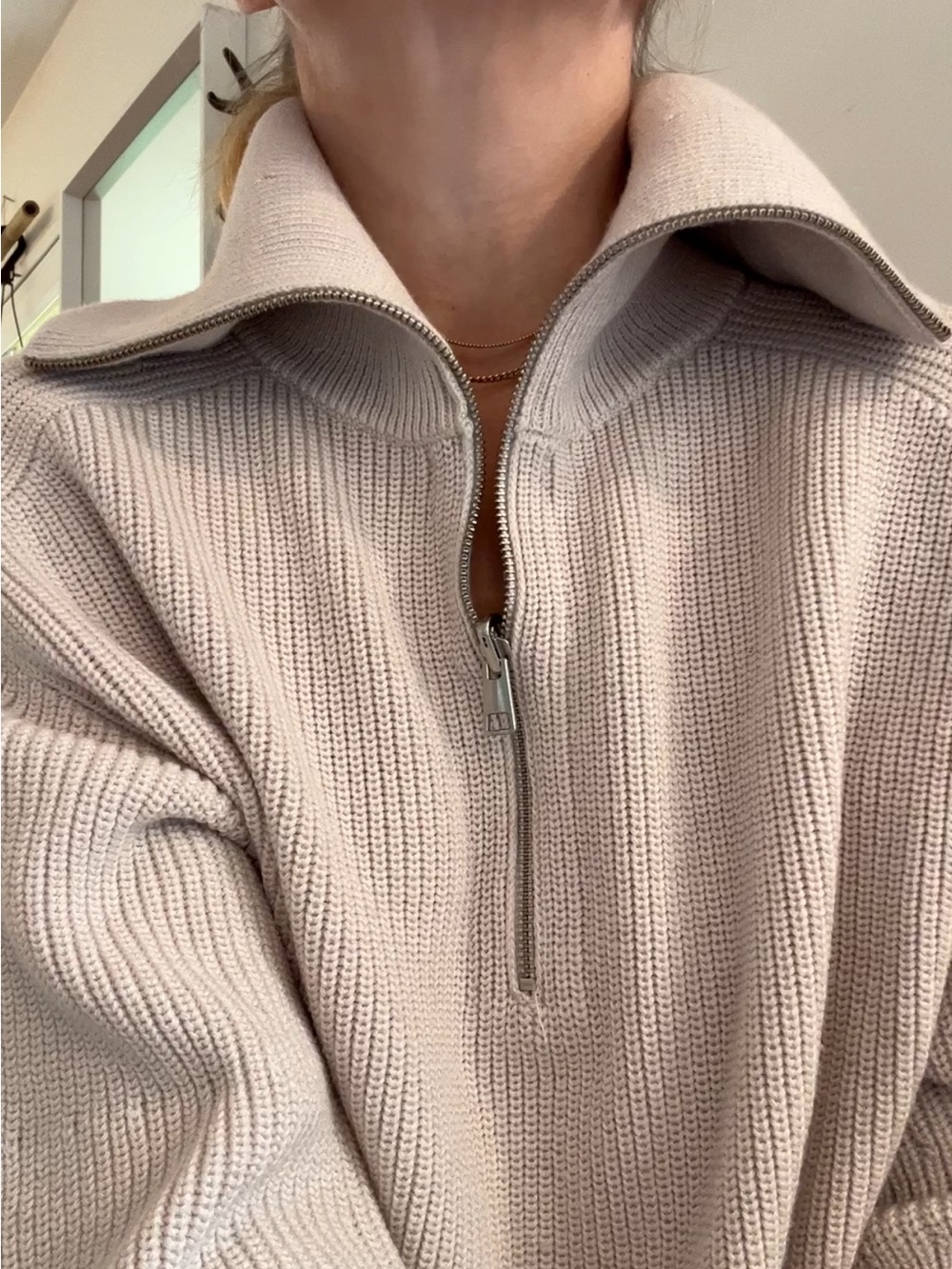 COS Cream Ribbed Funnel Neck Zip Front Sweater - Picture 2 of 11